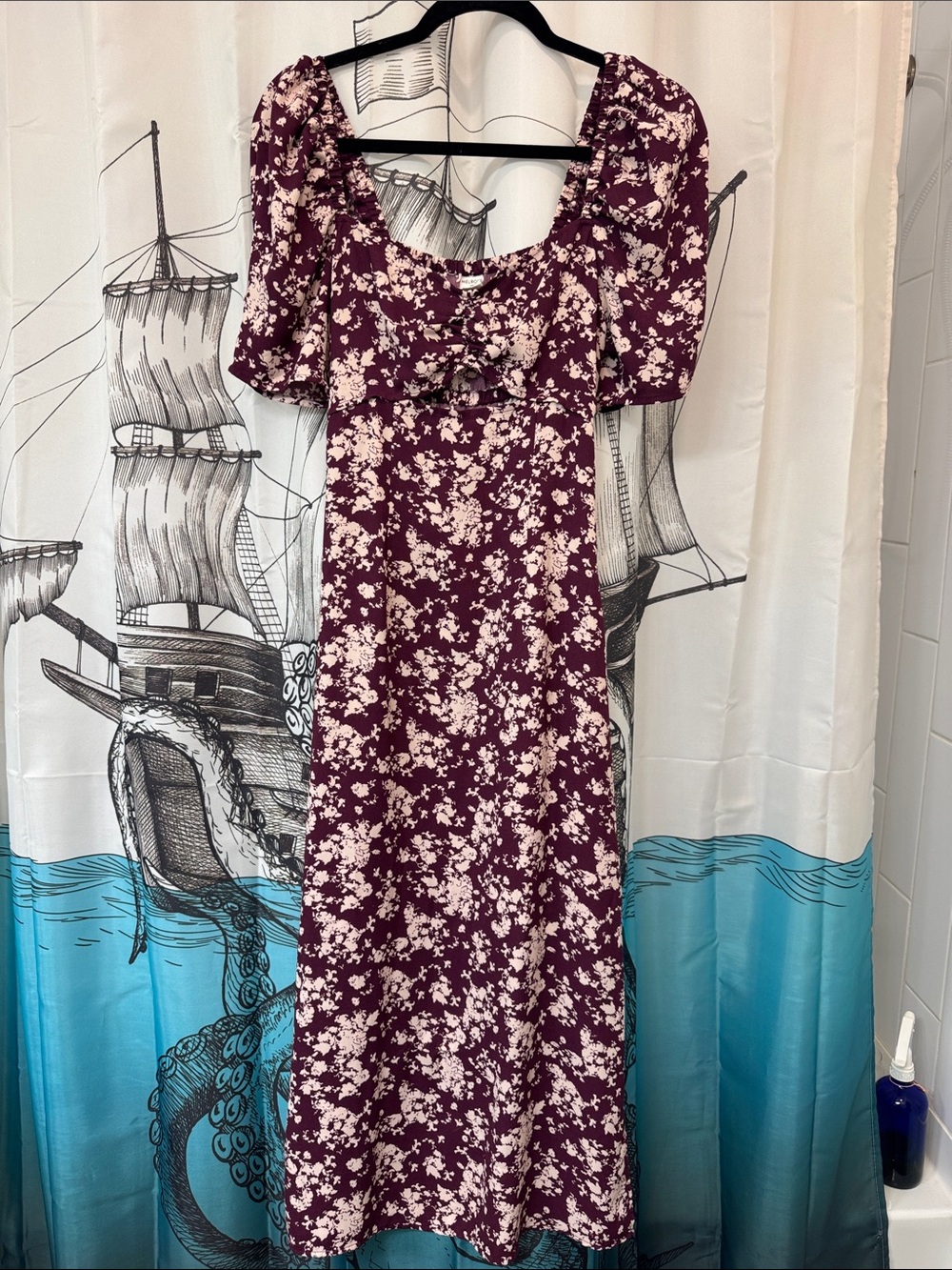 Melrose and Market Burgundy and Cream Floral Square-Neck Midi Dress